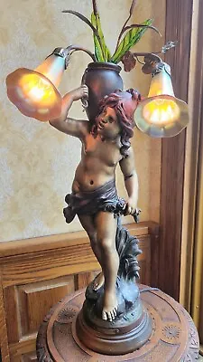 Spelter Nouveau Cupid Cherub Newel Figural Lamp Moreau With Lily Shades • $750