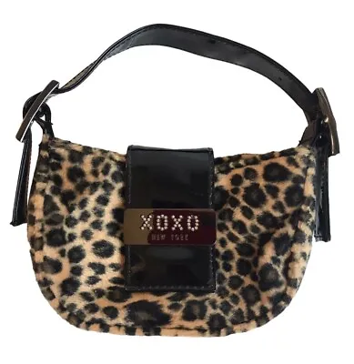 Vintage Y2K Purse XOXO Mini Bag Leopard Faux Fur Black Patent Bling Adjustable • $13.59