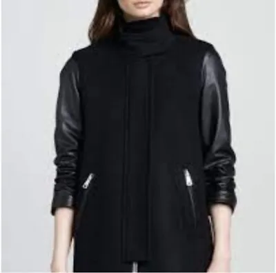 Milly Lambskin Leather-Sleeve Zip Swing Wool Coat Zip Mock Neck Black Jacket 4 • $59