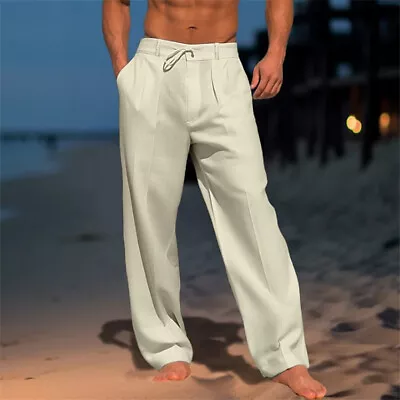 Men's Linen Pants Summer Beach Pants Solid Color Casual Daily Holiday Trousers • $22.08
