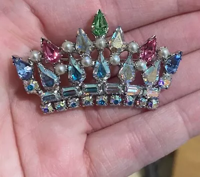 B David Mother's Crown Pin Colorful Rhinestones Baguettes Vintage Brooch Signed • $30