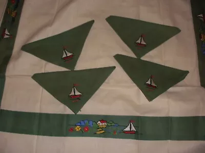 Vintage Bridge Small Tablecloth & 4 Napkins Set Hand Embroidered Sail Boats • $29.99