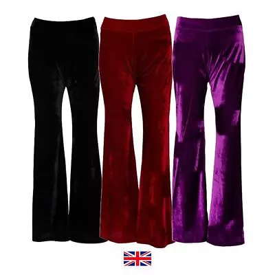 Flared Velvet Feel Velour Trousers Festival Party Flares UK Red Black Purple  • £14.95