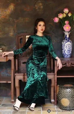 Ao Dai Vietnamese Long Dress Nhung Nhám Nguyên Bộ  include Pant • $59