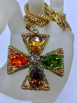 Gold Plated Maltese Cross Multi Color Tear Drop Glass Chain Necklace Pendant • $49.99