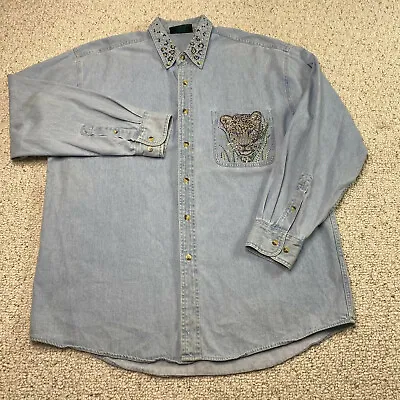 Sprinkles Mens Top Sz L Light Wash Button Up Chambray Rhinestone Leopard Cotton  • $24.50