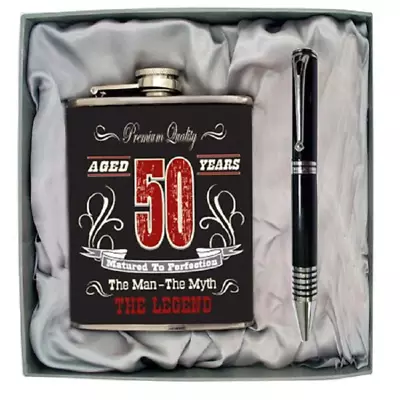 50th Fiftieth Birthday Milestone Black Stainless Steel Hip Flask Pen Gift Box • $29.95