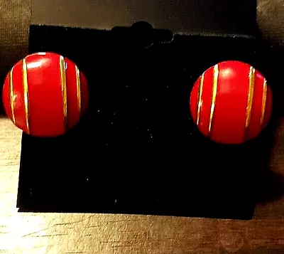 Vintage Monet Clip-On Earrings - Red Enamel Gold Toned Dome • $11.49