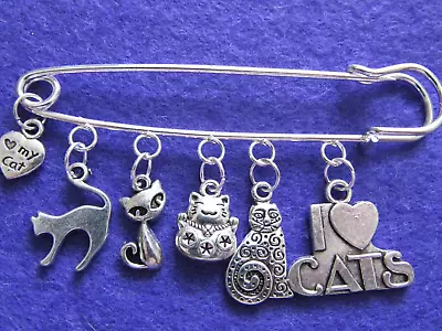 Silver Brooch-pin With 6 X  Cat Silver Charms- New-80mm • £2.99