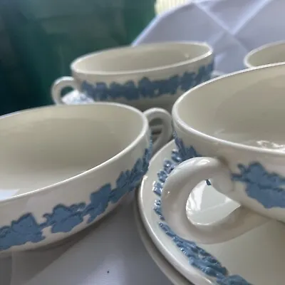 £75 • Buy 4 X Wedgwood Embossed Queen's Ware 2 Handled Soup Cups & Saucers