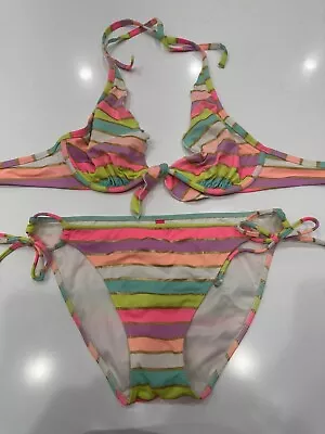 Victoria’s Secret Rainbow Neon Stripe Gold Bikini U/W Top 32DD & Bottom Sz M • $32.99