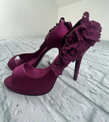 Karen Millen Satin Shoes Magenta Deep Pink Size 6.5 Lace High Heel Party Prom • £75