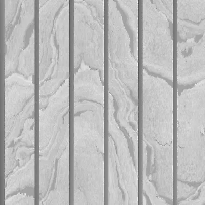 Woodgrain Panel Marble Wood Slats Effect Metallic Silver Muriva Wallpaper • £1.34