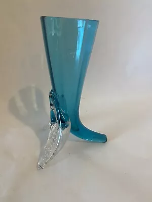 Art Glass Teal Blue Horn Vase Modern Sleek Design With Clear Leaf Feet • $19