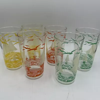 Sailboat Juice Glasses Set Of 6 Green Orange Yellow MCM Vintage Nautical • $47.99