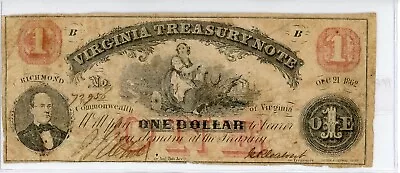 1862 $1 Richmond Virginia Treasury Obsolete Banknote In Fine+ Condition SN 72956 • $42