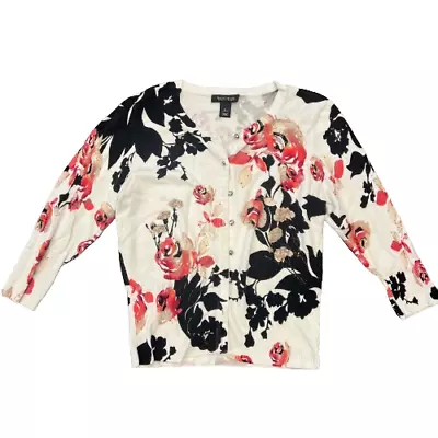 White House Black Market Pink Floral Long Sleeve Cardigan Rhinestone Button Sz L • $27.89