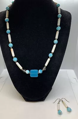 VTG Sterling Silver Mother Of Pearl & Blue Stone Beaded Necklace & Earrings Set • $31.19