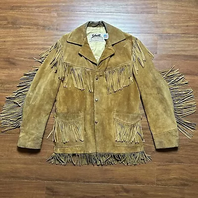 Vtg Schott Western Brown Suede Leather Fringe Jacket Coat Mens 40 Made USA • $149.90