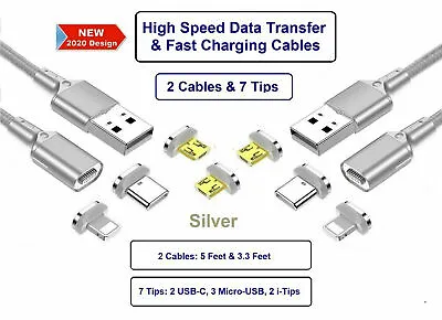 USB Magnetic Cable Data & Fast Charging 2 Cables & 7 Assorted Tips - SILVER • $12.99