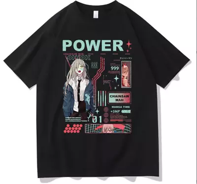 Chainsaw Man Power Print T-shirt Unisex Summer Cotton Short Sleeve Oversized Tee • £16.79