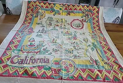 Cool Vintage CALIFORNIA Cotton  Souvenir Tablecloth W/ Nevada & Mexico • $19.99