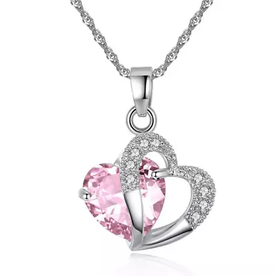 Shiny Pink Zircon Heart Shaped Rhinestone Collarbone Necklace Women Gift New • $13.98