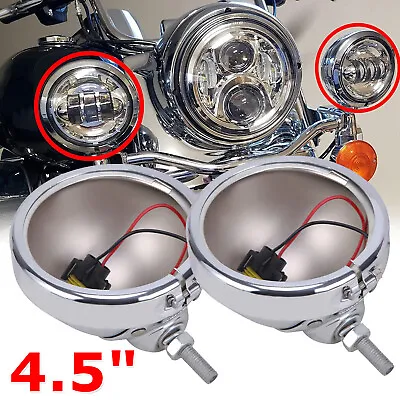 Pair 4.5  Motorcycle LED Fog Passing Lights Auxiliary Lamp Chrome Housing Bucket • $34.99