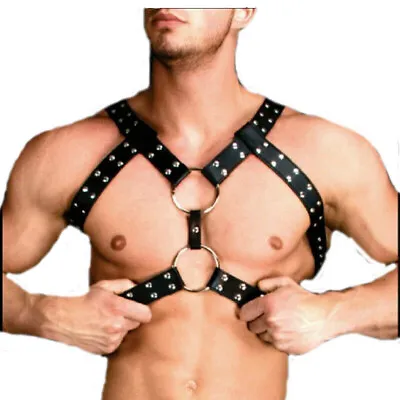 Male PU Leather Chest Body Harness Straps Sexy Clubwear Costume Fantasy For Men • £15.98