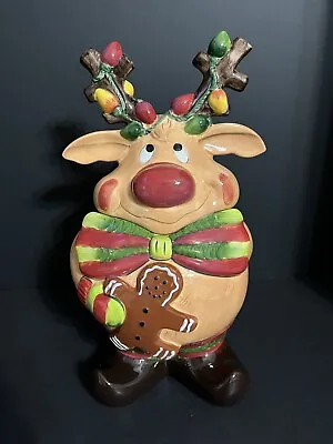 2003 Christmas Clay Art Reindeer 15  Ceramic Cookie Jar Hand Paint EUC • $45