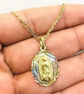 Gold F Virgen De Guadalupe Pendant Necklace 20  Dije De La Virgen De Guadalupe. • $32.99