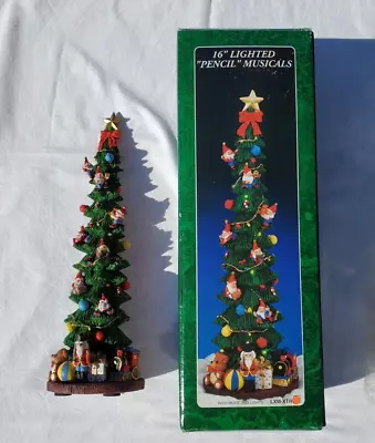 Vintage 16  Lighted Pencil Musical Resin Christmas Tree Figurine Elves Lights Up • $26.99