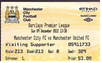 Manchester City V Manchester Utd 2012/13 Premier League Match Ticket - 09/12/12 • £1.99