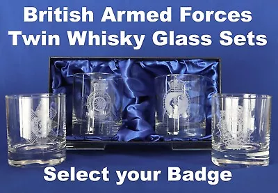 UK Military Army Royal Navy & RAF Twin Whisky Tumbler Glasses In Silk Lined Box • £29.99