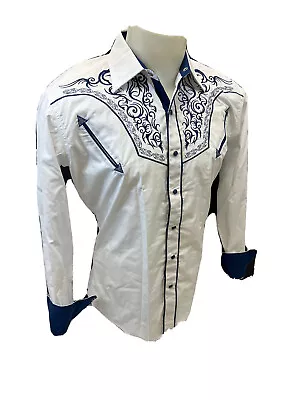 Men RODEO WESTERN HORSESHOE WHITE BLUE TRIBAL STITCH SNAP UP Shirt Cowboy 1100 • $44.99