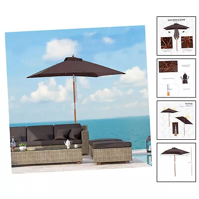 Wooden Patio Umbrella Market Parasol Outdoor Sunshade 6 Ribs [BROWN COFFEE] • £54.49