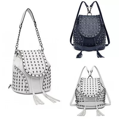 £15.99 • Buy Ladies Skull Studded Backpack Girls Drawstring Faux Leather Handbag Shoulder Bag
