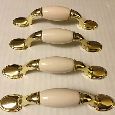 $14 • Buy Set Of 4! Cream Porcelain/ceramic & Brass Cabinet / Drawer Pulls! 5” L 3” C To C