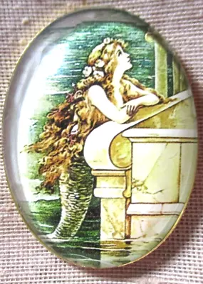 Xl Glass Dome Picture Button Pretty Red Haired Mermaid Leaning On Marble 1-1/2 • $5