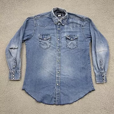 Vintage Wrangler Shirt Mens 17.5x33 Tall Blue Denim Peal Snap Pocket Brushpopper • $48.88