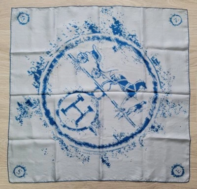 $199 • Buy Rare HERMES Ex Libris Globe Trotter Silk Scarf 70cm Baby Blue