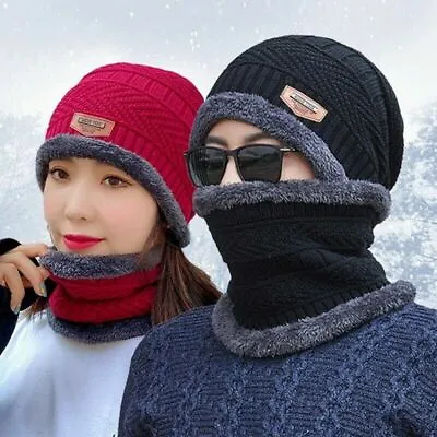 Men Women Beanie Warm Hat Scarf Neck Cover Set Winter Fleece Knitted Thick Cap • £7.95