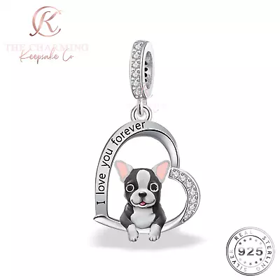 Boston Terrier Dog Charm Genuine 925 Sterling Silver - I Love You Forever . Gift • £17.49