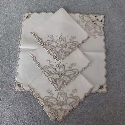 4 Madeira Beige Embroidered Linen Tea Cocktail Napkins Rose Floral Vintage 10  • $12.99