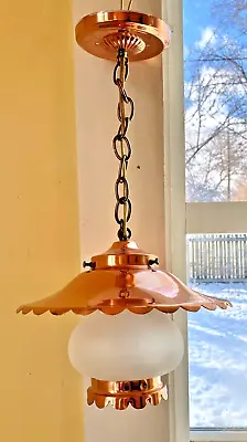 Vintage 1950s Copper Ceiling Light Fixture W/ Frosted Glass Shade Cottage Retro • $39