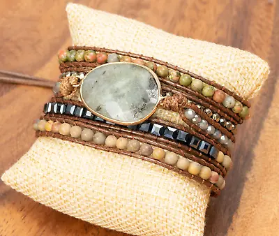 Boho Natural Gray Agate Healing Stone 5 Strands Leather Wrap Bracelet • $18.99