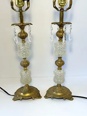 Pair Vintage Hollywood Regency Hobnail Glass Gilt Brass Table Lamp Prisms WORKS • $100