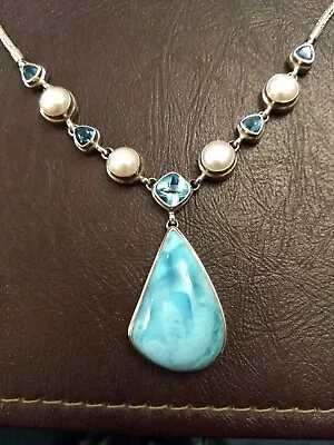 Marahlago Larimar Sterling LG Statement Necklace W Pearl & Blue Topaz • $749.99