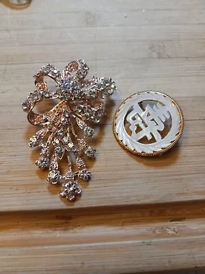 Lot Of 2 Vintage Pins Brooches Large Rhinestones Mother Of Pearl Jewelry • $19.99