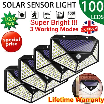 £13.99 • Buy 4X Solar Power PIR Motion Sensor Wall Lights 100LED Outdoor Garden Security Lamp